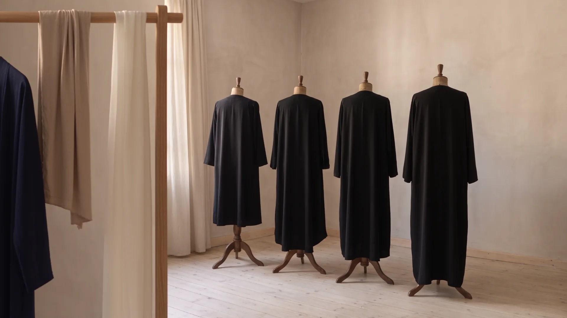 Four dress forms from behind, each in the black crepe abaya, hems at the four lengths